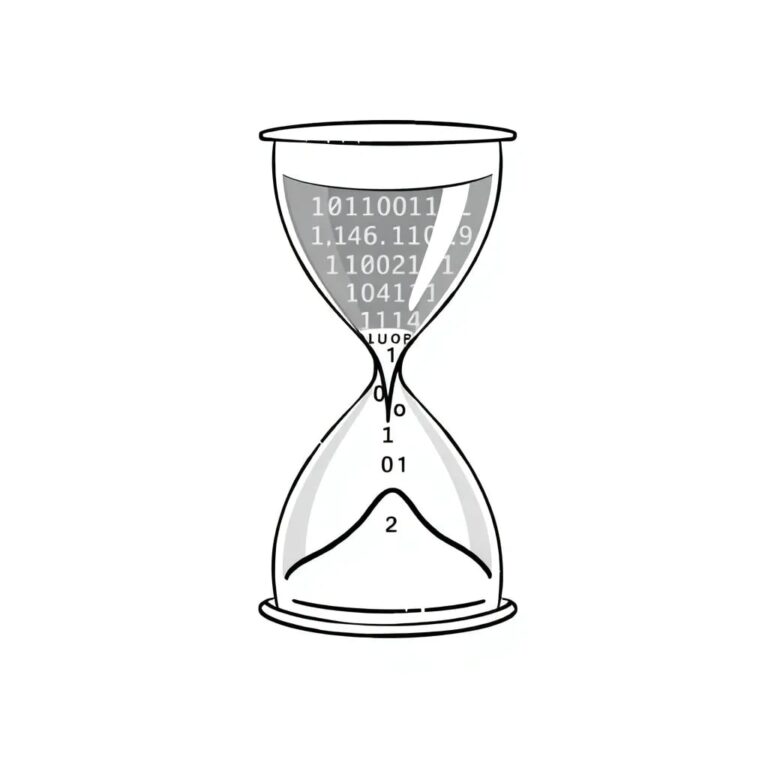 A digital hourglass with flowing binary code instead of sand