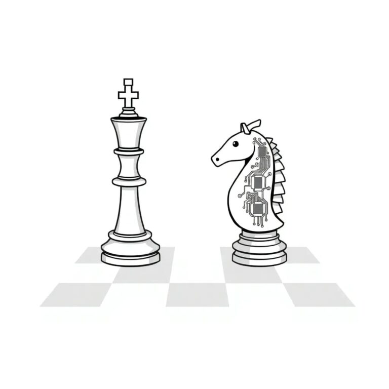 A chessboard with a rook and a knight locked in a stalemate, each piece adorned with digital circuitry