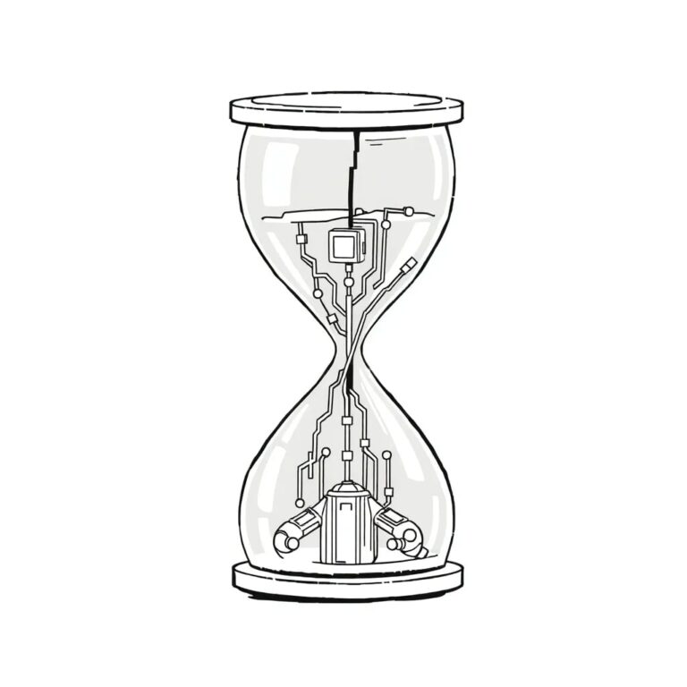 A fractured, but repairable, digital hourglass with AI circuitry visible inside