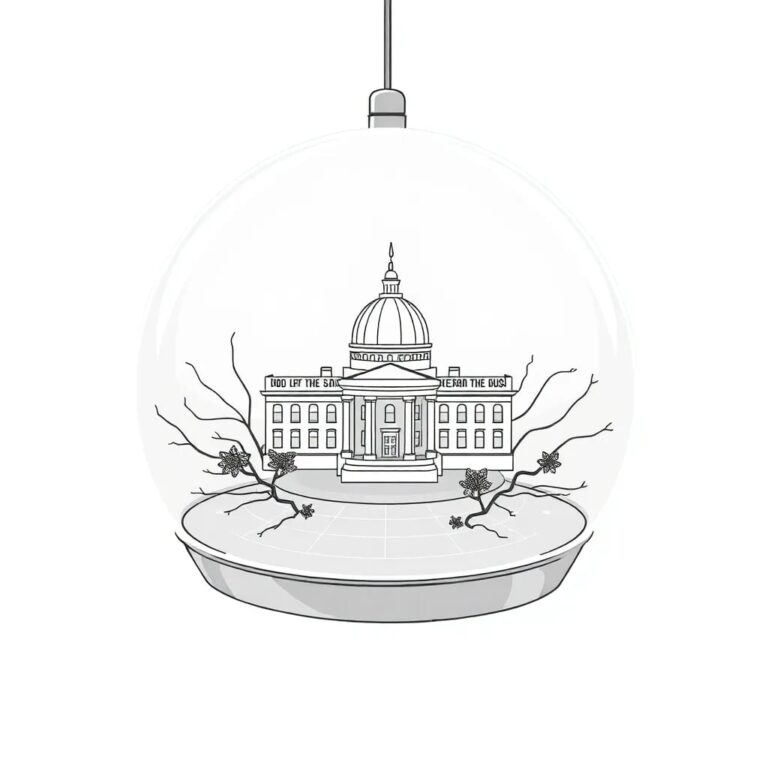 A futuristic, transparent AI neural network model suspended in a glass dome, with a miniature White House at its core and tiny, glowing congressional chambers orbiting around it.