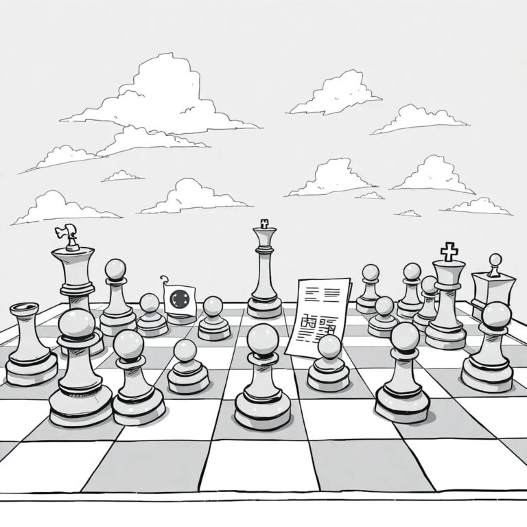 A chessboard where the pieces are constantly morphing and shifting, with some pieces bearing corporate logos and others displaying legal documents, all under a dynamic, ever-changing sky.