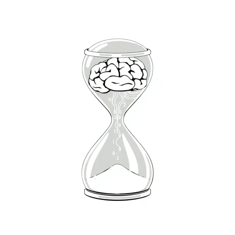 A futuristic, transparent AI brain encased in a glass hourglass, with binary code flowing like sand through its neural pathways.