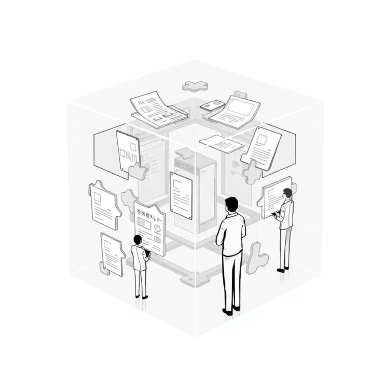 A holographic, multi-layered puzzle cube that dynamically rearranges itself, with each face displaying different compliance documents and AI agents interacting with them in real-time.