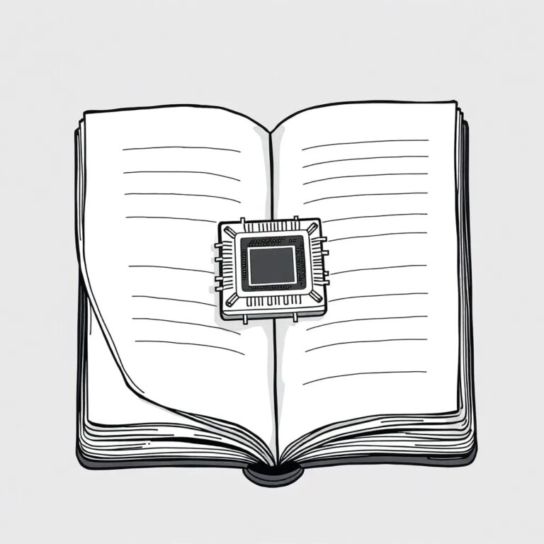A futuristic, transparent AI processor chip embedded within an antique, open government ledger book