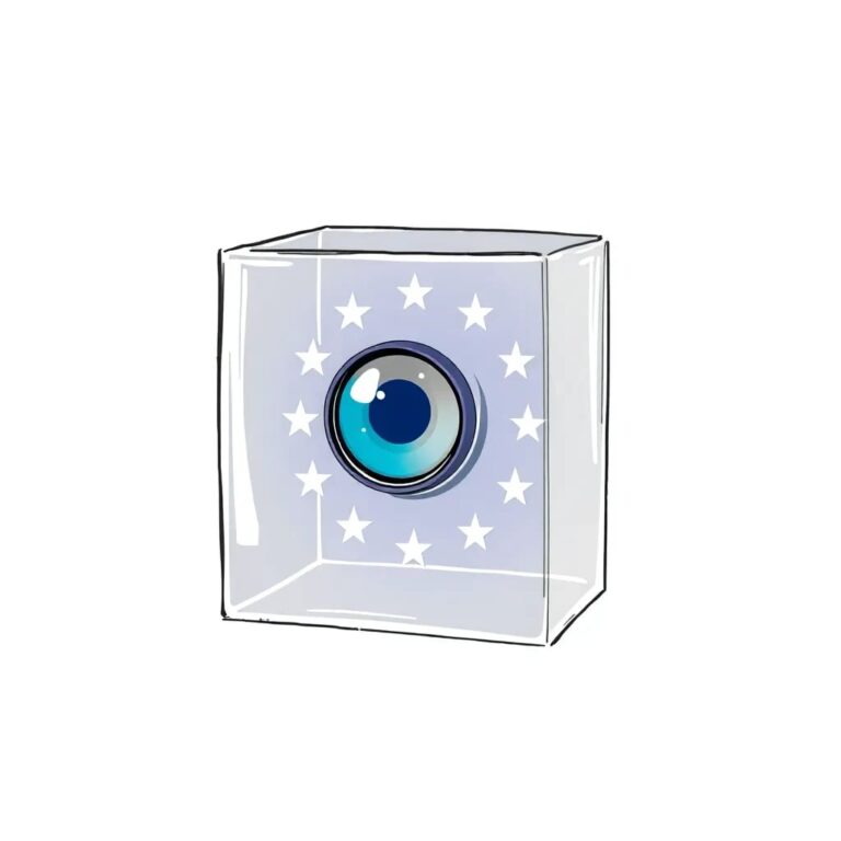 A futuristic, iridescent iris scanner embedded in a transparent, EU flag-themed glass cube