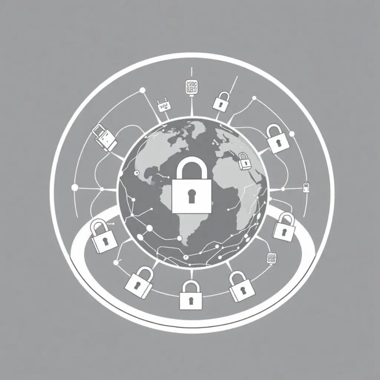 A holographic globe with interconnected neural networks and digital locks, surrounded by a rotating ring of ethical dilemmas and cybersecurity threats