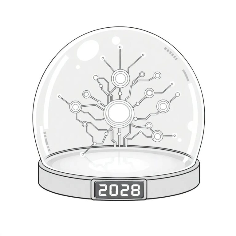 A futuristic, transparent glass dome containing a swarm of glowing, interconnected AI nodes, with a digital clock counting down to the year 2028.