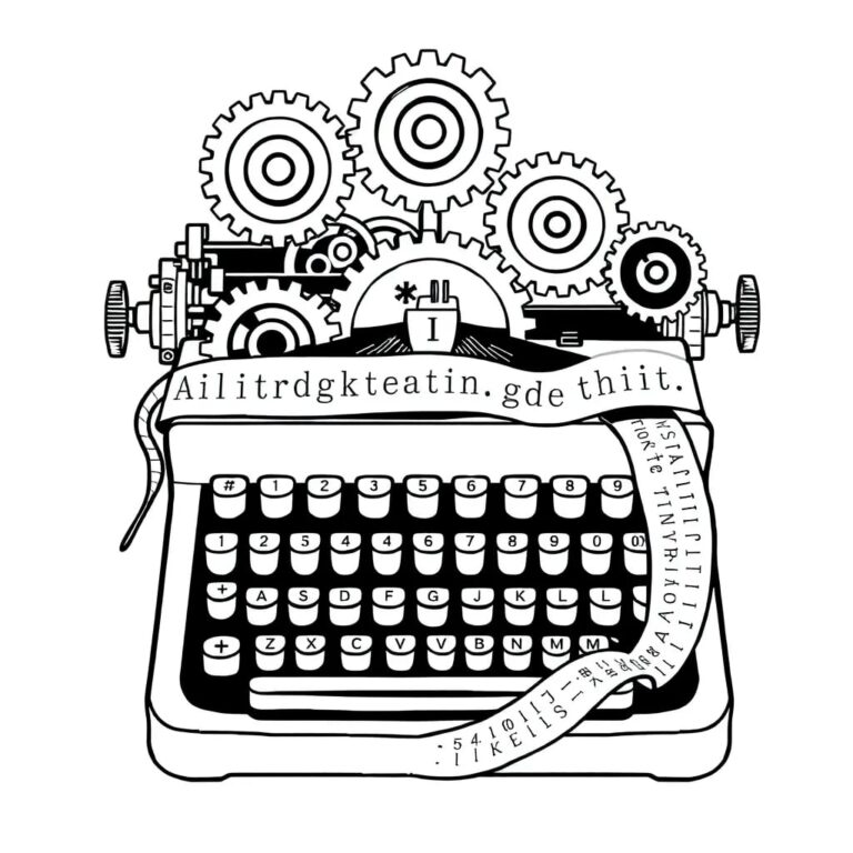 A vintage typewriter with a keyboard made of intricate, interlocking gears, each gear representing a different aspect of AI and copyright law, with a ribbon that weaves together threads of code and legal text.