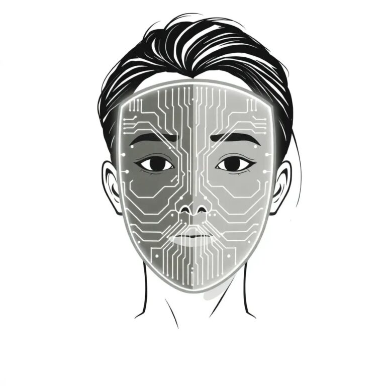 A holographic mask that shifts between a person's true face and a deepfake version, with a glowing circuit pattern overlay