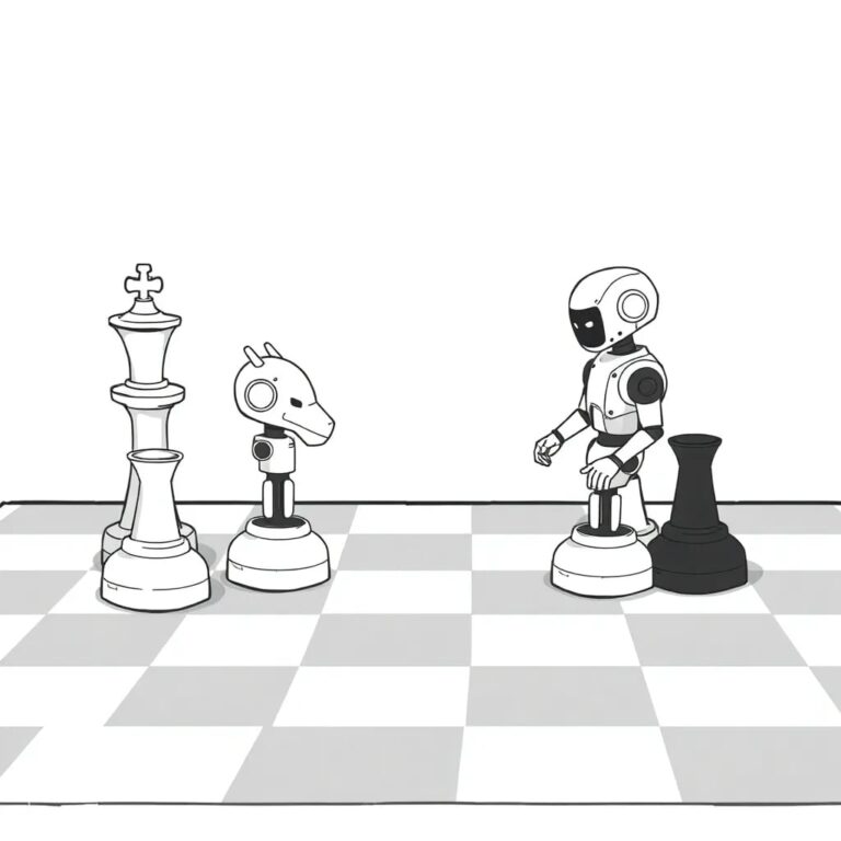 A chessboard with robotic pawns and AI-controlled pieces