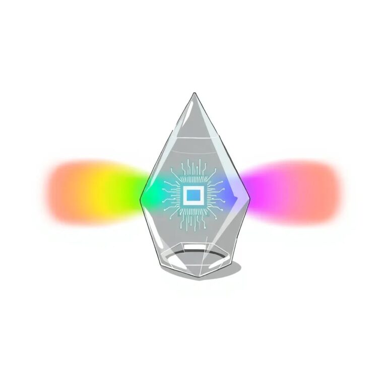 A glass prism with a digital circuit board embedded within it, refracting light into a spectrum of colors, each color representing a different aspect of AI transparency.