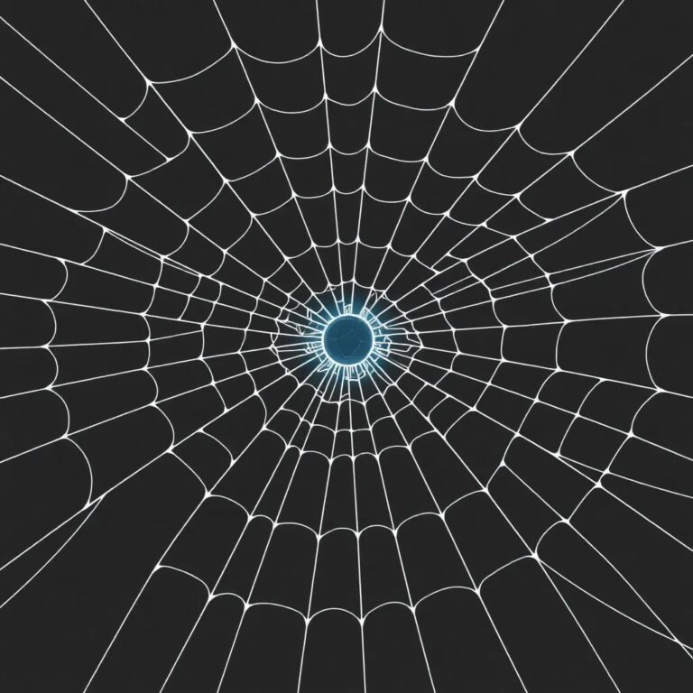 A sprawling, intricately woven spider web with a single, glowing AI node at its center