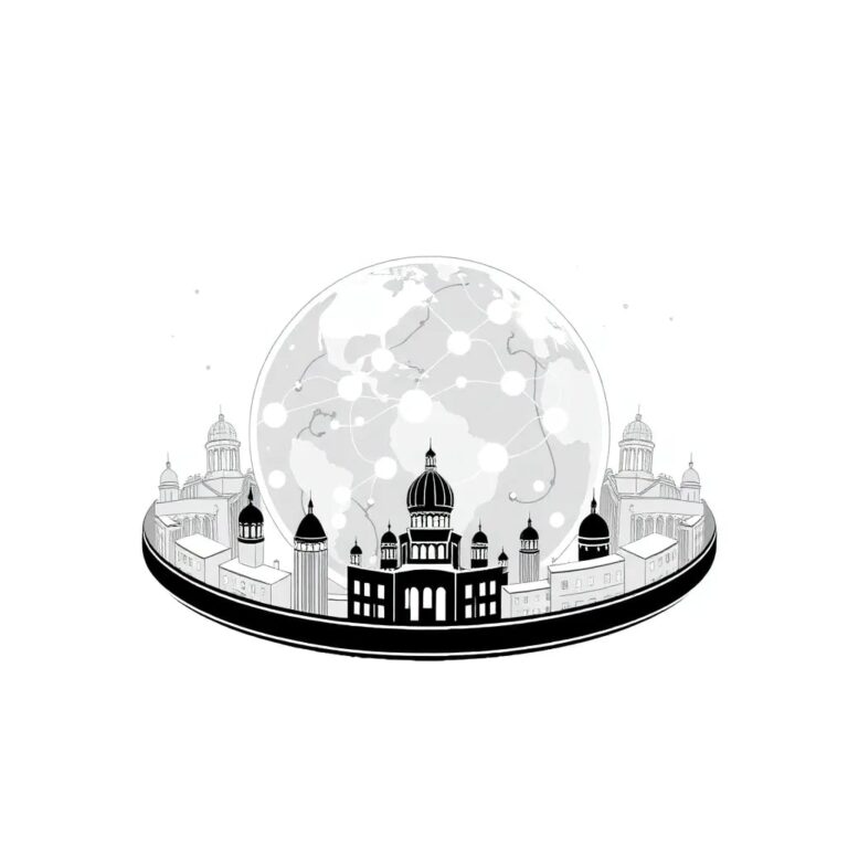 A futuristic, transparent globe with interconnected neural networks glowing inside, encircled by a ring of state capitol buildings that fade in and out of visibility