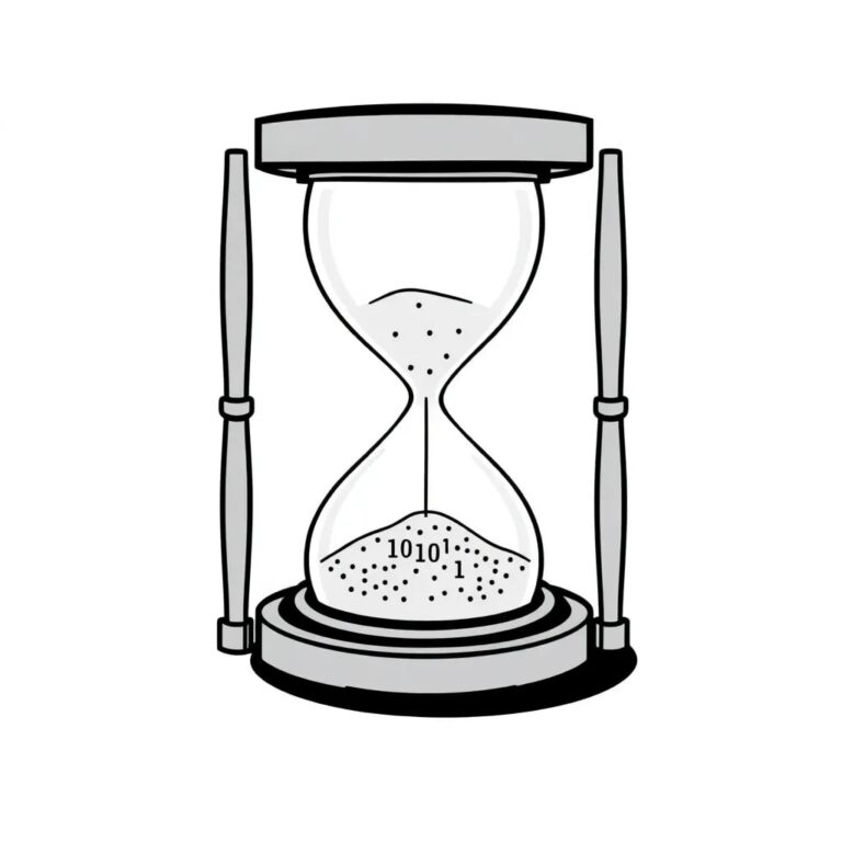 A futuristic hourglass filled with binary code instead of sand