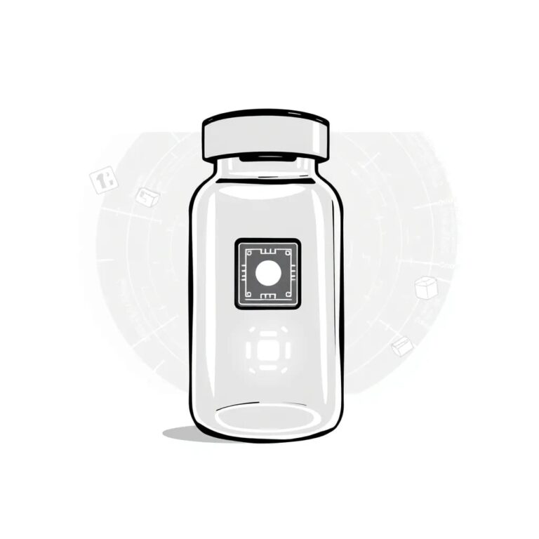 A futuristic, transparent pill bottle with a glowing AI chip embedded in its base, surrounded by a swirling holographic display of clinical trial data.