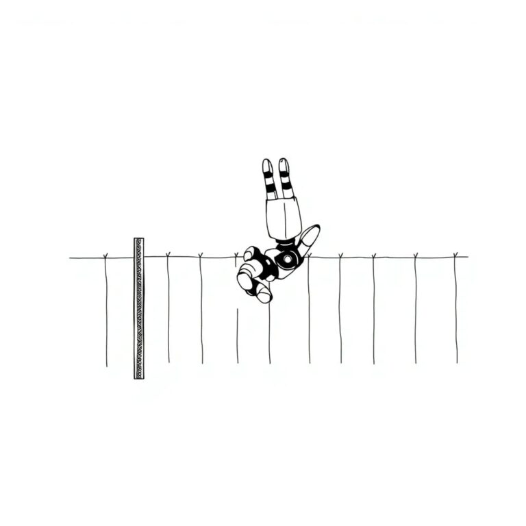 A robotic arm reaching for a digital boundary fence
