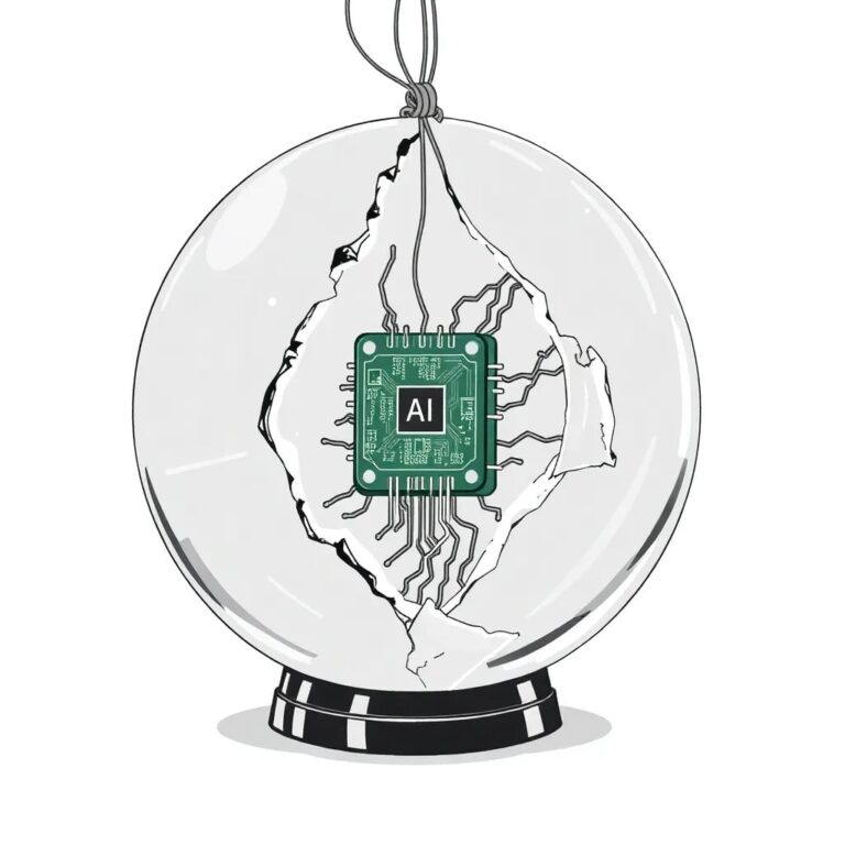 A shattered crystal globe with a glowing AI circuit board embedded within, held together by frayed, mismatched strings.