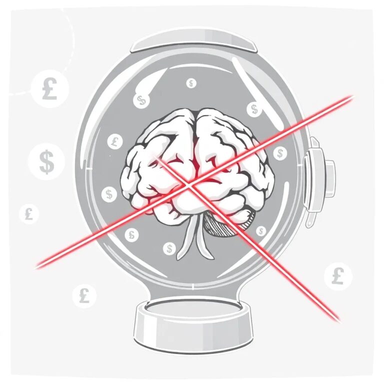 A futuristic, transparent AI brain encased in a glass vault, with digital currency symbols flowing around it and a glowing red laser beam scanning through the vault, symbolizing vigilance and security.