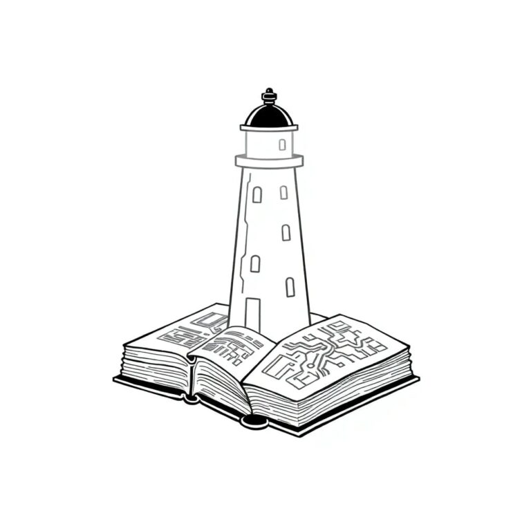 A digital lighthouse beacon with a pulsating, ethereal glow, standing on a base shaped like an open book, with intricate circuits and neural network patterns etched into its surface.