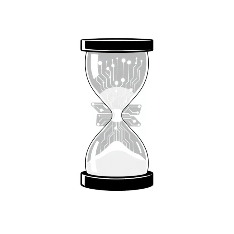 A futuristic, transparent AI circuit board with glowing, interconnected nodes, encased in a glass hourglass, where the sand is replaced by flowing lines of code.