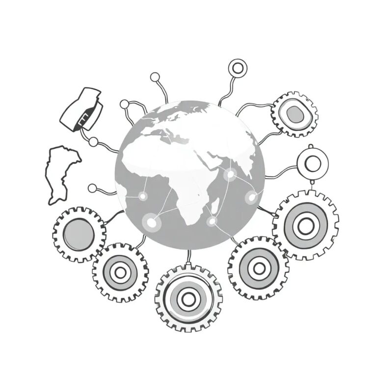 A globe with interconnected neural networks glowing beneath its surface, surrounded by a ring of diverse, interlocking gears representing different nations and stakeholders.