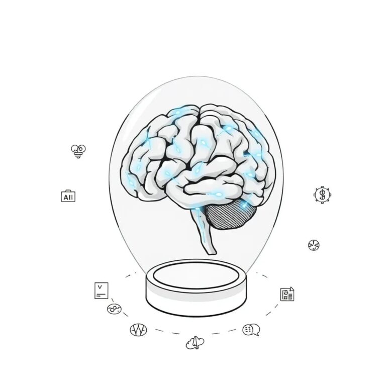 A futuristic, transparent AI brain encased in a glass dome, with intricate neural pathways illuminated by pulsating blue lights, surrounded by a circular arrangement of medical symbols and icons that shift and change in response to the brain's activity.
