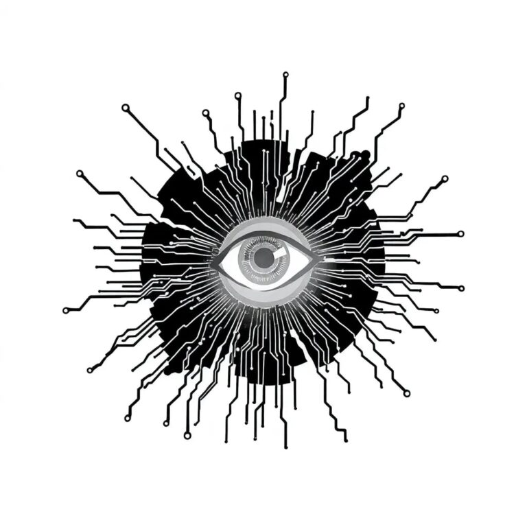 A shattered circuit board with a glowing, ethereal eye embedded in its center