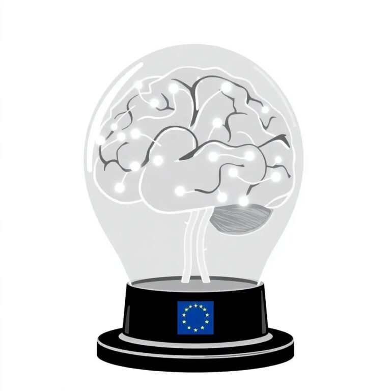A futuristic, transparent AI brain with interconnected neural pathways, glowing softly with pulsating lights, encased in a glass dome with the EU flag subtly etched on the base.