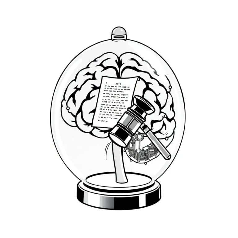 A futuristic, transparent AI brain encased in a glass dome, with a digital codex scrolling through its neural pathways, and a small, intricate gavel made of circuit boards resting on top.