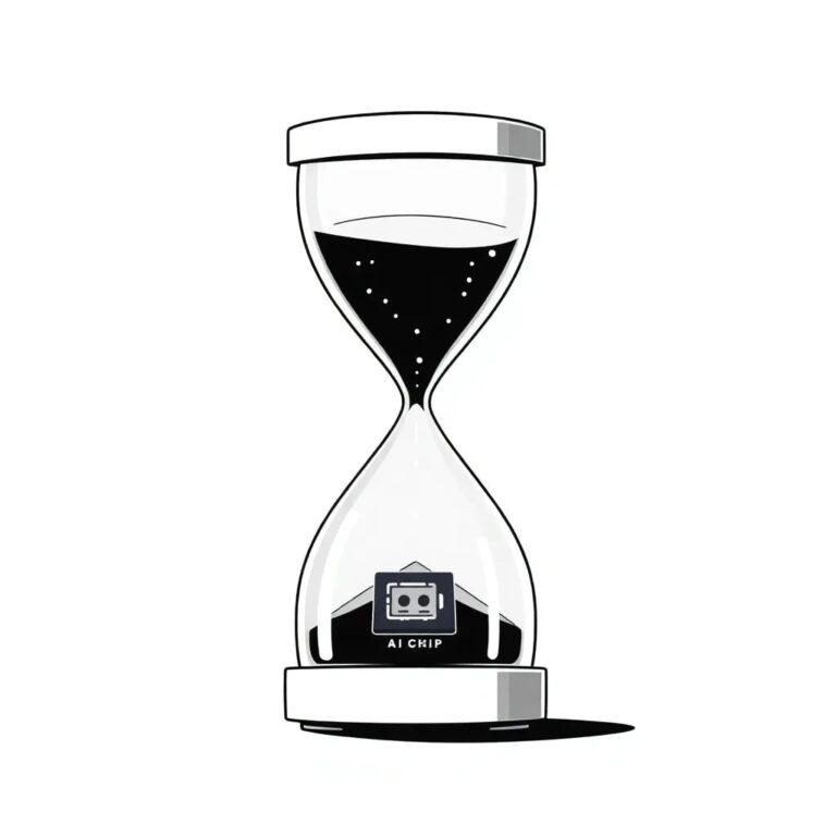 A futuristic, transparent hourglass filled with binary code instead of sand, with a glowing AI chip at its base
