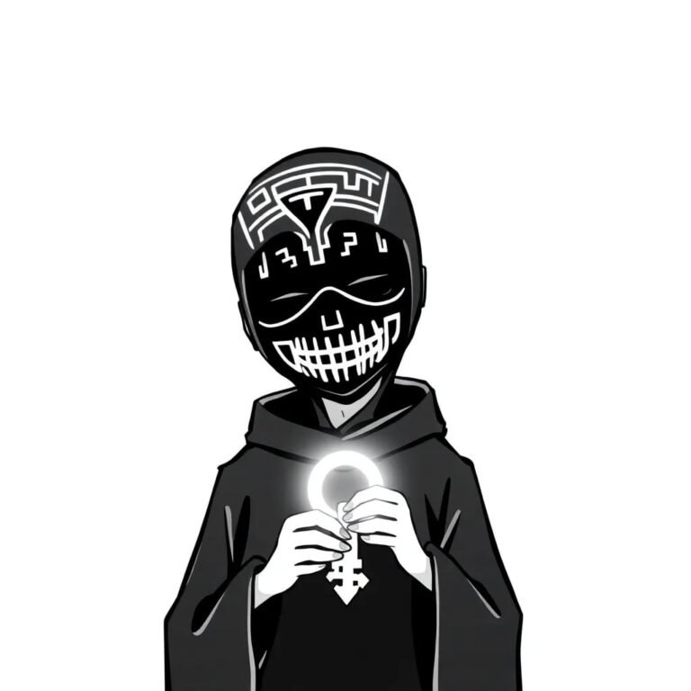 A digital avatar wearing a labyrinthine mask, holding a glowing, ever-changing key