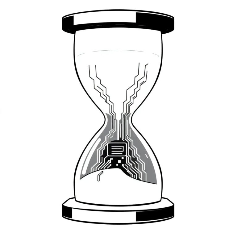 A digital hourglass with a glowing AI circuit board inside, where the sand is replaced by flowing lines of code that shift from chaotic to orderly as it empties.