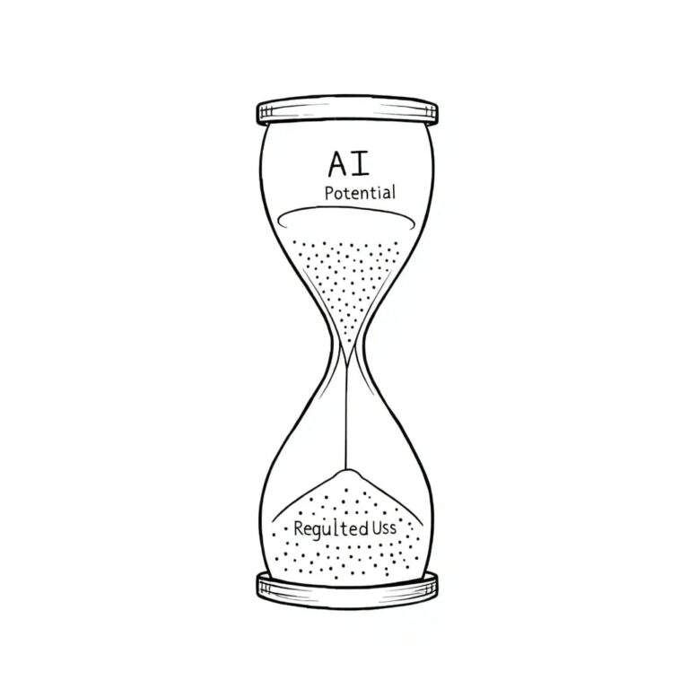 A digital hourglass with sand made of binary code, where the upper bulb is labeled 'AI Potential' and the lower bulb is labeled 'Regulated Use'