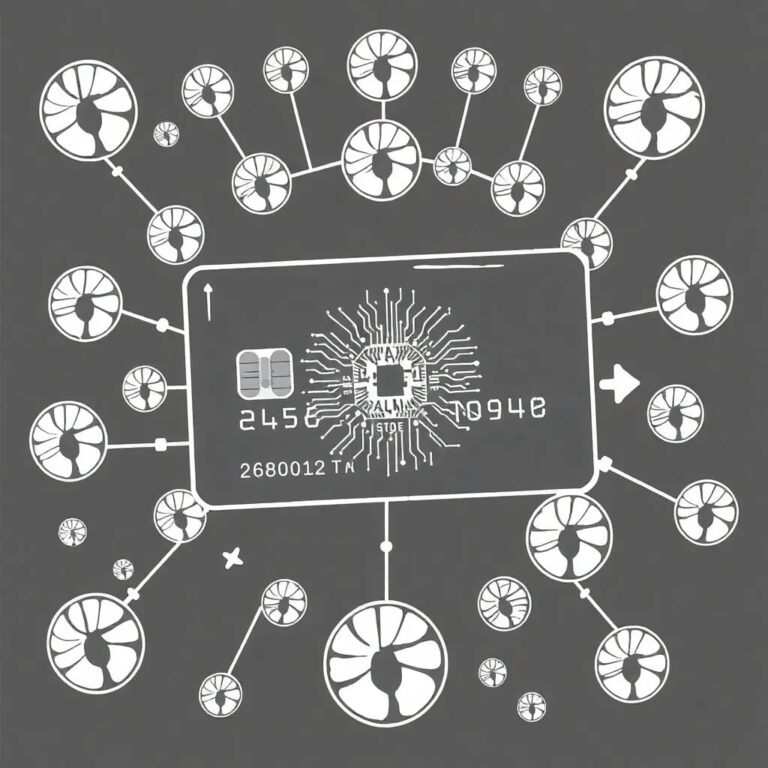 A futuristic, transparent credit card with a pulsating AI circuit board embedded within, surrounded by a digital halo of interconnected credit union logos.