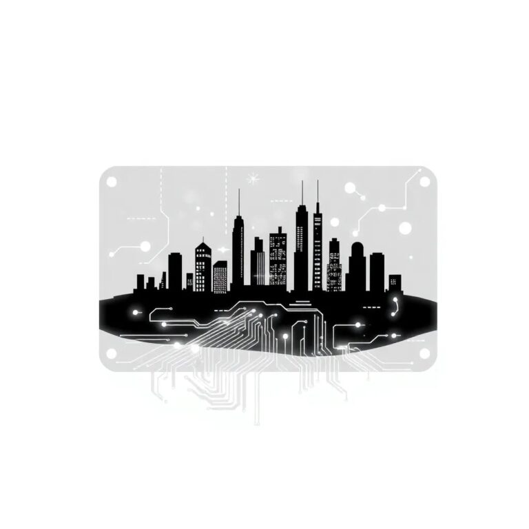 A futuristic, transparent AI circuit board with a cityscape etched into its surface, glowing with dynamic, shifting lights representing data flow and regulation.