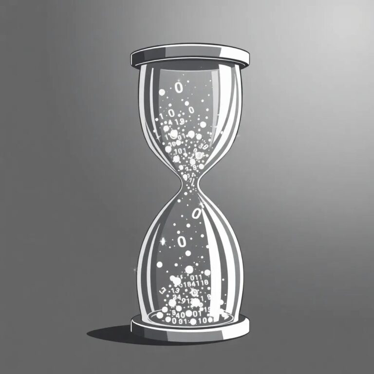 A crystal-clear hourglass filled with shimmering, ever-changing binary code particles
