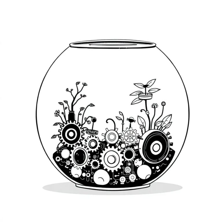A futuristic glass terrarium containing a miniature, ever-changing landscape of interconnected gears, circuits, and plant life, symbolizing the dynamic and evolving nature of AI regulation within a controlled, experimental environment.