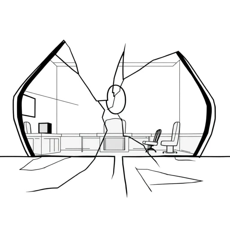 A shattered digital mirror reflecting fragmented courtroom scenes and AI-generated code snippets