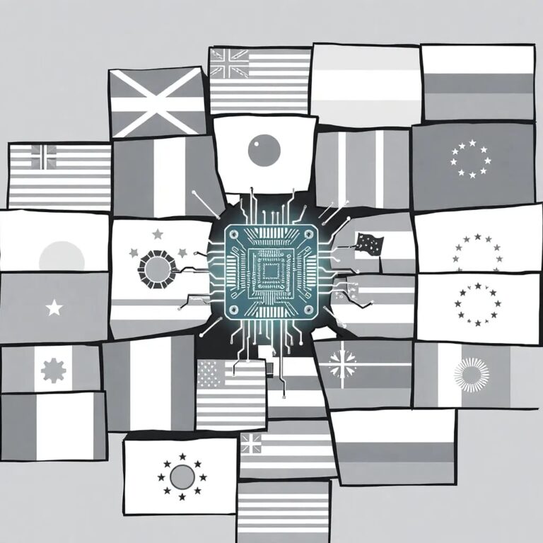 A shattered mosaic of state flags with a glowing AI circuit board emerging from the center