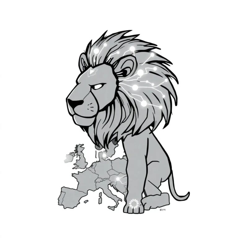 A cybernetic Bavarian lion with a glowing AI circuit pattern on its mane, standing guard over a miniature map of Europe with interconnected digital nodes.