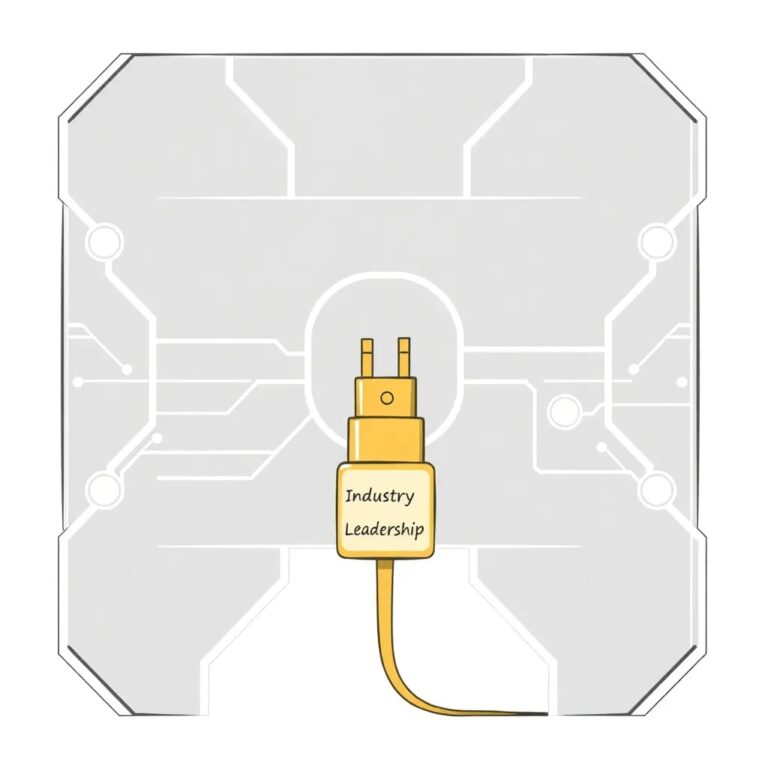 A futuristic, transparent AI control panel with glowing, interconnected circuits, where one circuit is a removable, golden plug labeled 'Industry Leadership'