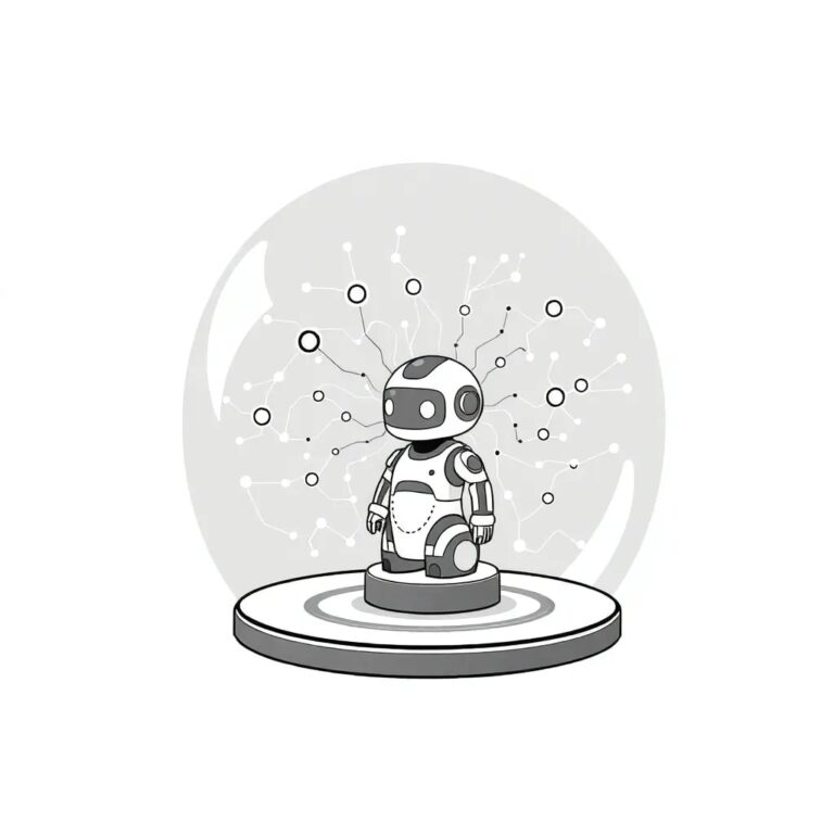 A futuristic, transparent glass dome containing a swirling, digital constellation of interconnected nodes and circuits, with a small, intricately designed AI robot at its center.