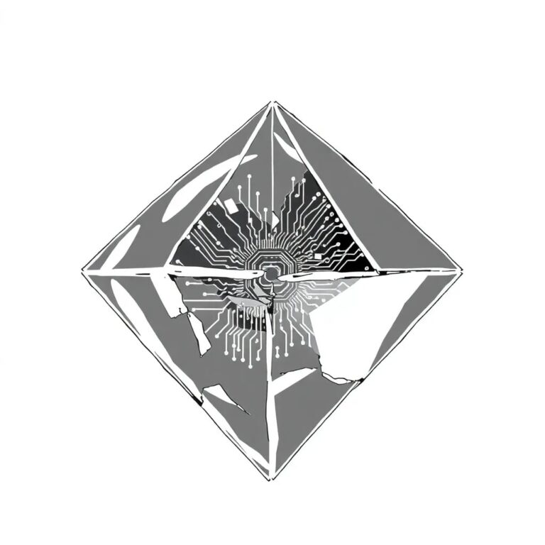 A shattered glass prism with a digital circuit board embedded within, reflecting fragmented, distorted AI-generated images.