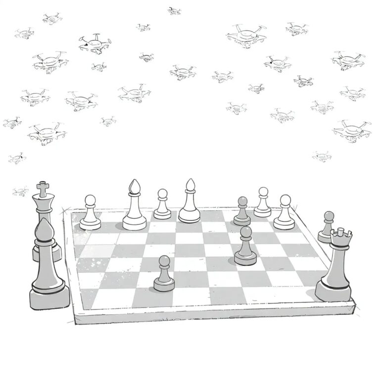 A chessboard with pieces frozen mid-game, surrounded by a swarm of tiny, glowing drones