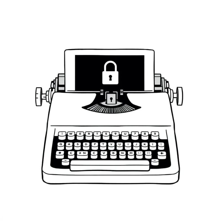 A locked, antique typewriter with a digital screen and a small, glowing AI chip embedded in the keys