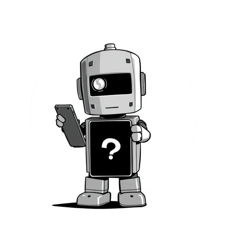 A vintage toy robot with a glowing, uncertain LED eye, holding a modern smartphone displaying a question mark.