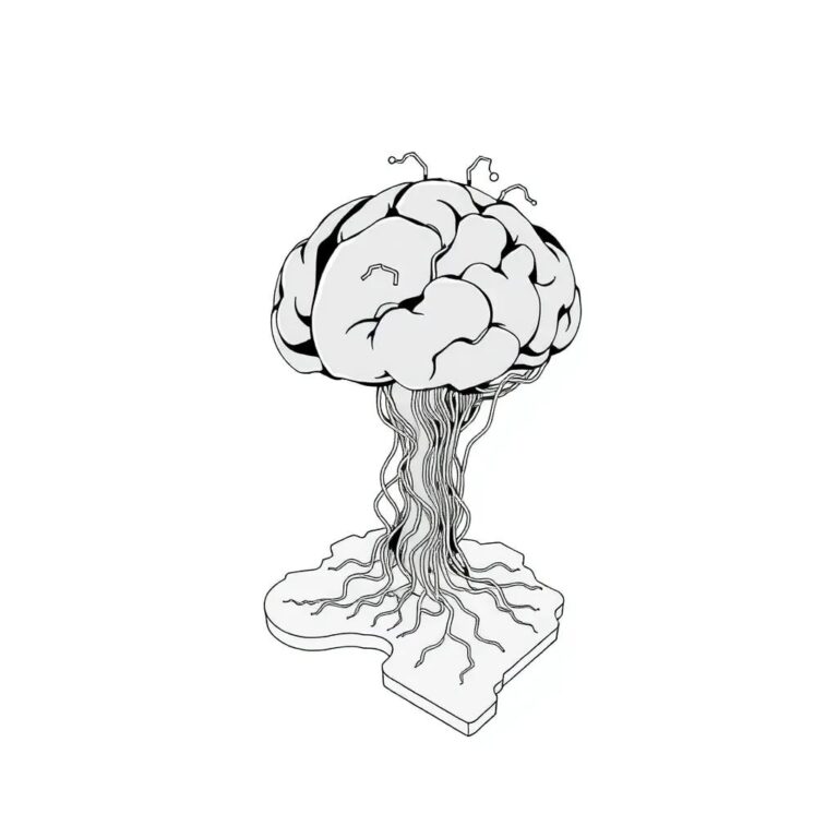 A gleaming, intricately wired brain sculpture made of interconnected, pulsating circuits, standing atop a map of Zimbabwe.