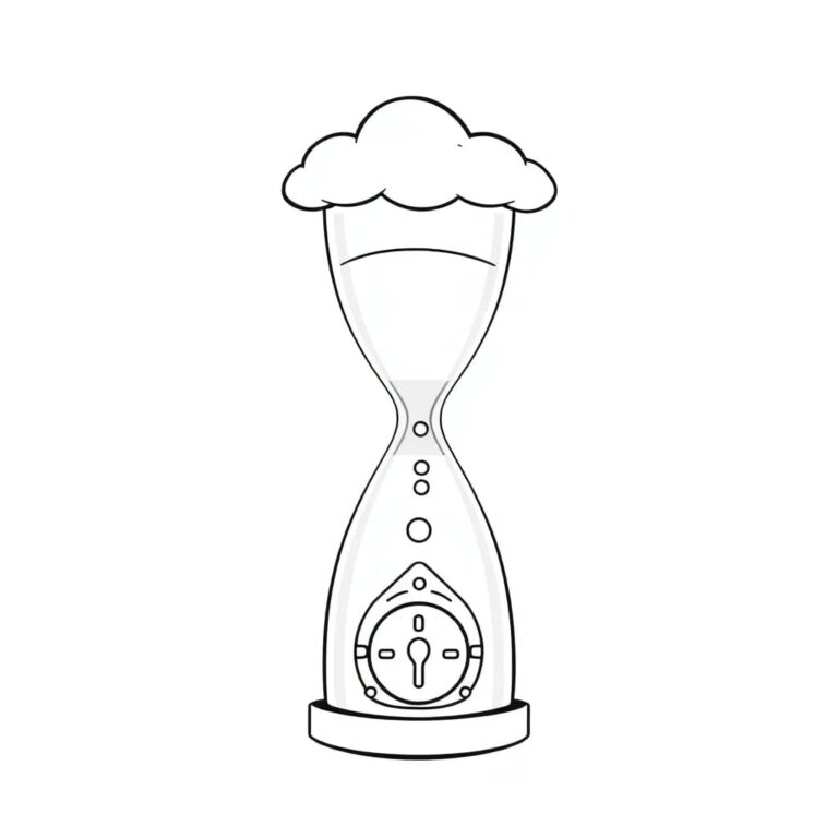 A digital hourglass with silicon sand flowing from a cloud-shaped top into a locked vault at the bottom