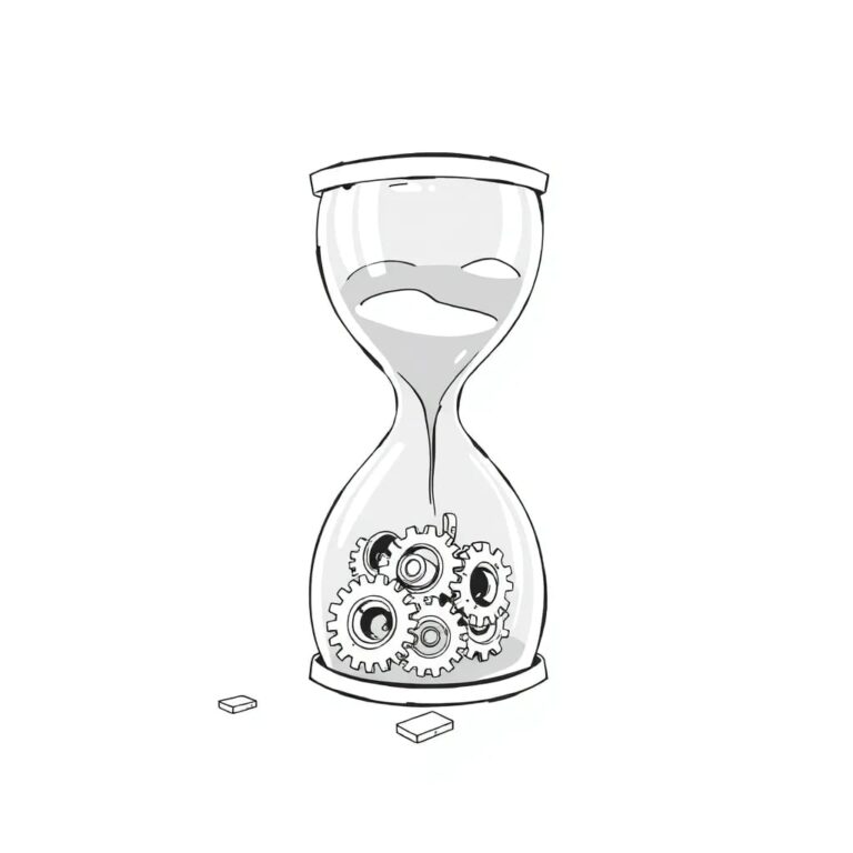 A shattered hourglass with robotic gears spilling out