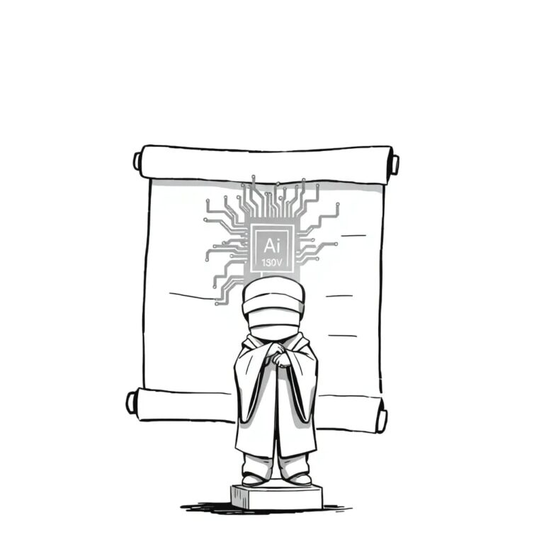 A partially unrolled scroll with a glowing, futuristic AI circuit board emerging from it, held by a statue of a blindfolded figure